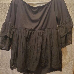 Kaari Blue NWT Women's 1X Black Lacey Romantic Blouse Flowing Boho Feminine Lux